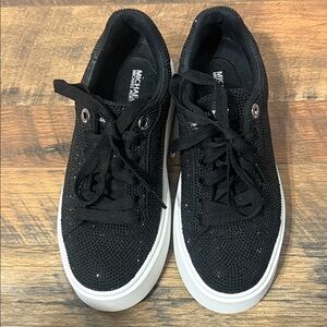 Michael Kors Black Knit Sneakers with stones and White Soles